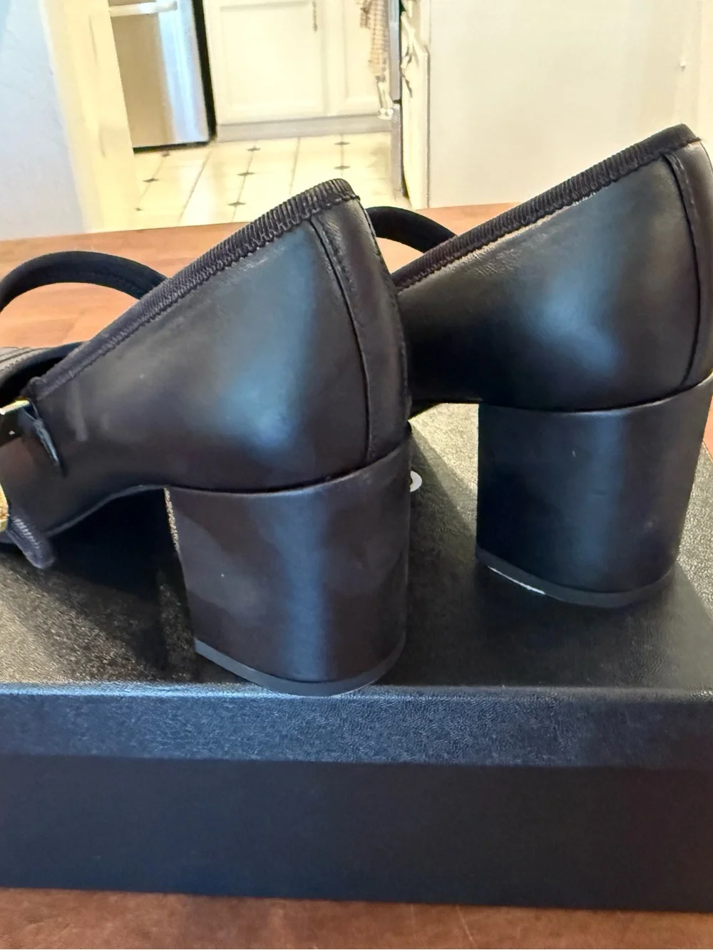 NWT CHANEL Black Leather Mary Jane Block Heels with Gold Buckle